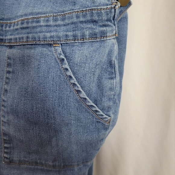 A Glow Maternity Straight Leg Bib Overalls Denim Jeans Blue Distressed Large Adj - Picture 5 of 14